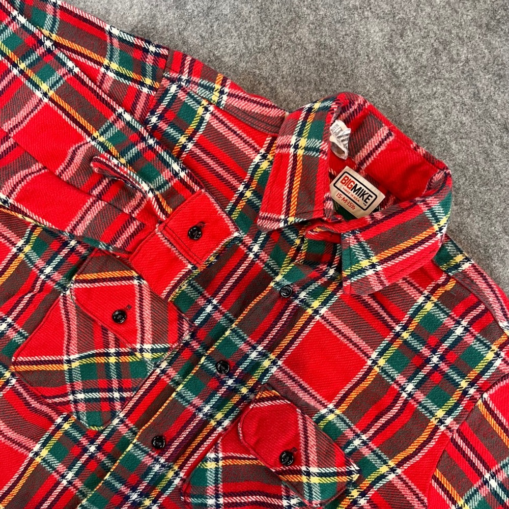 Big Mike Mens Flannel Shirt Red Plaid Vintage Workwear Medium‎ Cotton USA Heavy